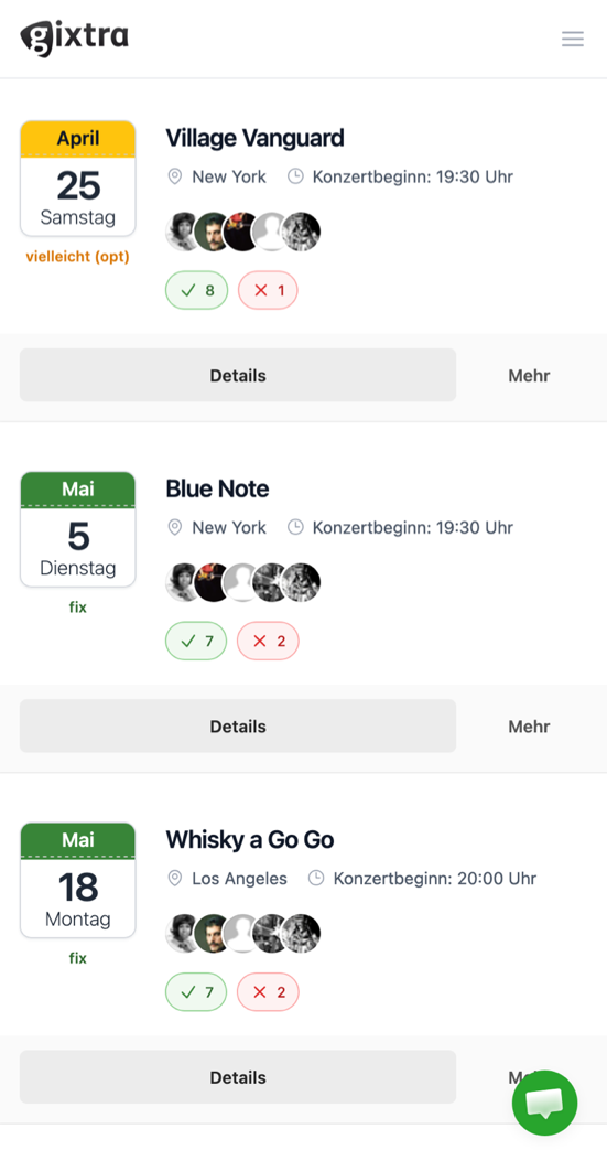 Mobile Gixtra view with current gigs and relevant dates