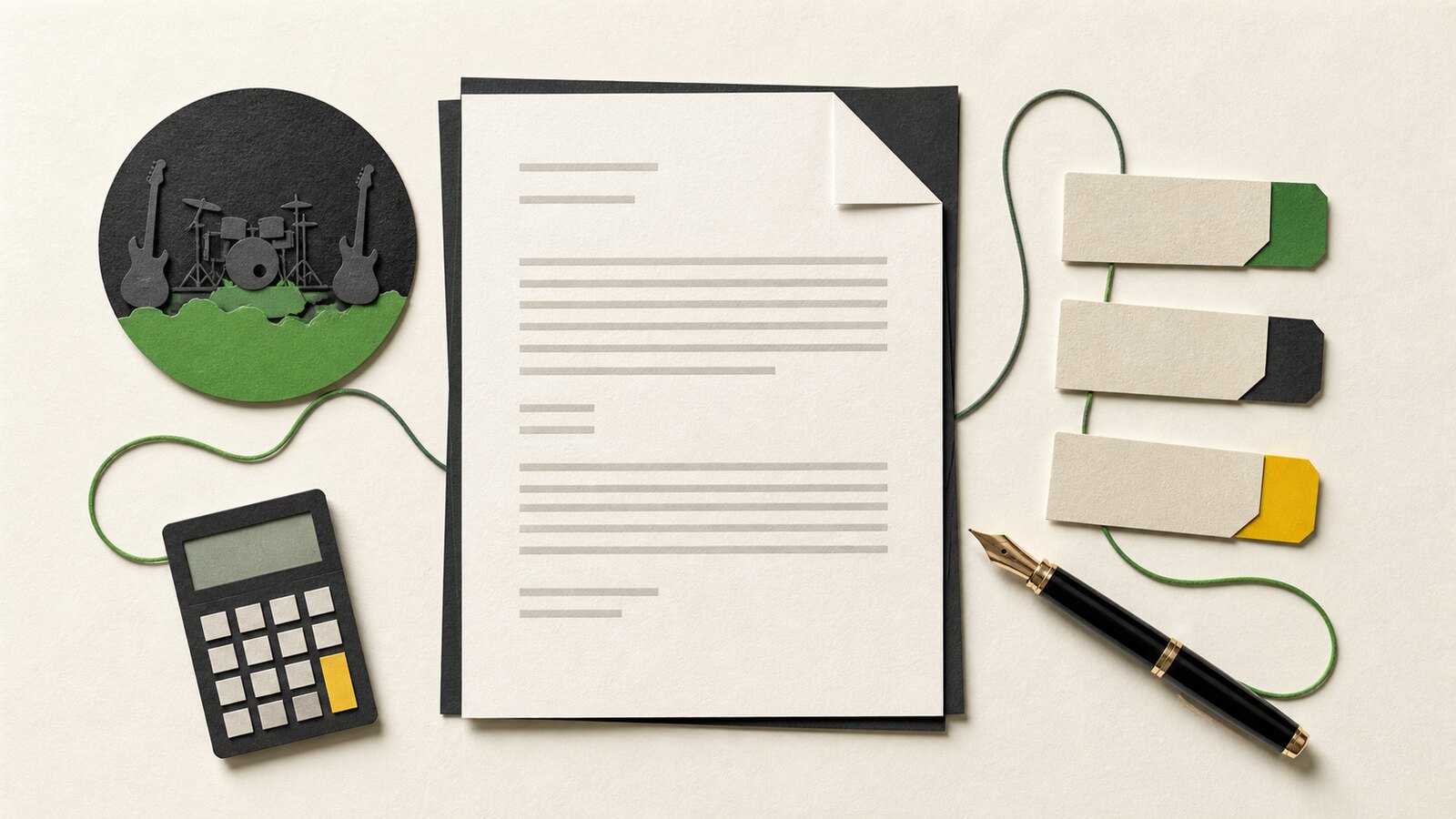 Illustration eines Bookingvertrags mit Taschenrechner, Notizzetteln und Stift
