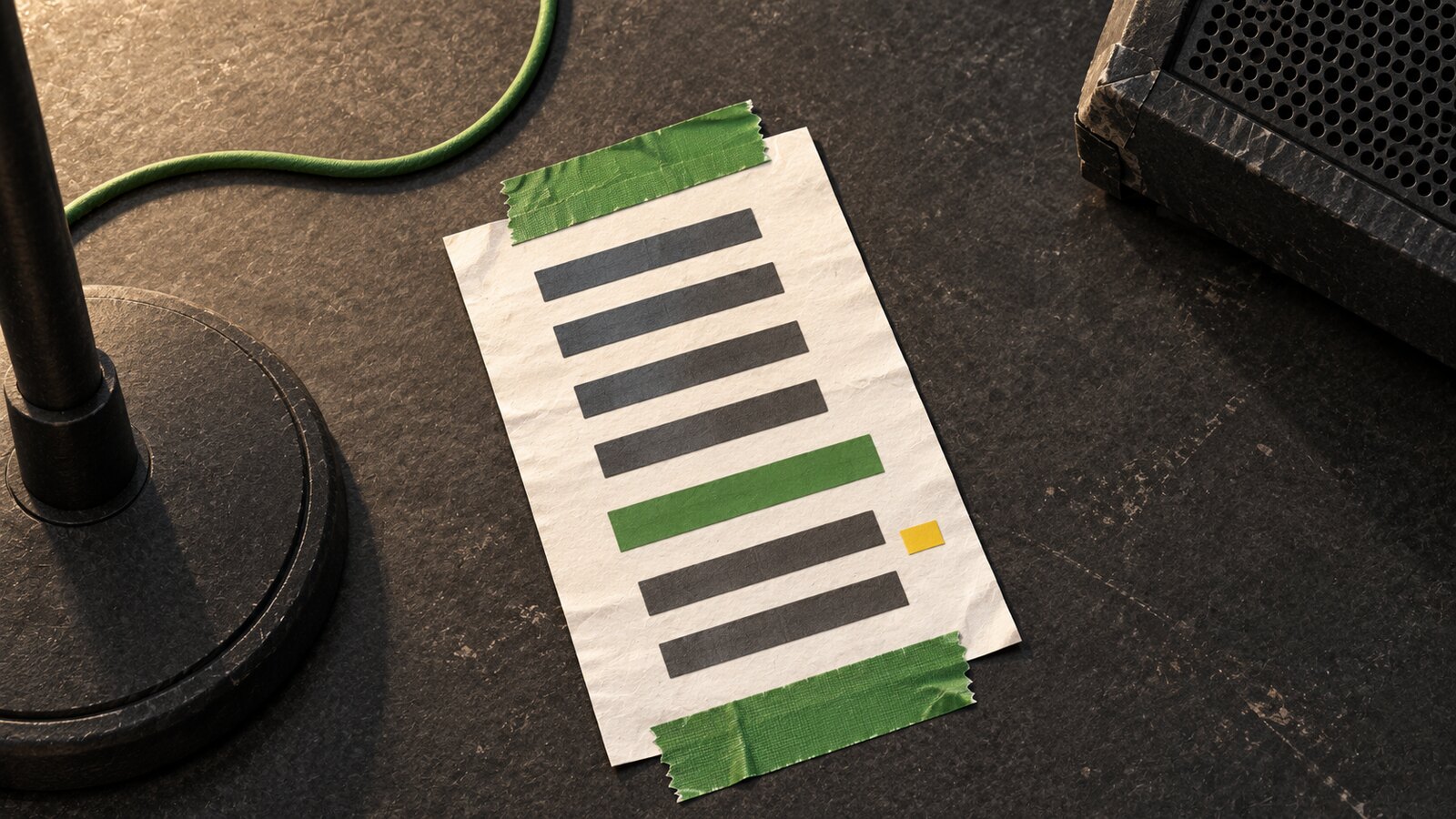 Illustration of a stage setlist secured with green tape, showing large song rows, a set break and a yellow cue marker